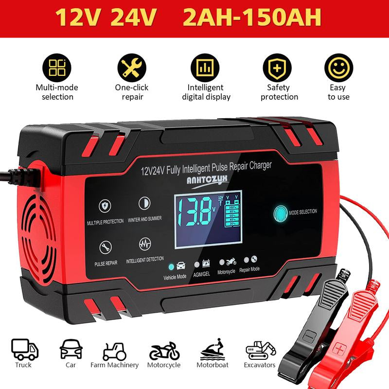Car Battery Charger,8 Amp 12V and 24V Smart Automatic Car Battery Charger with LCD Screen Pulse Repair Charger Pack Battery Maintainer for Car, Lawn Mower, Motorcycle, Boat, SUV and More