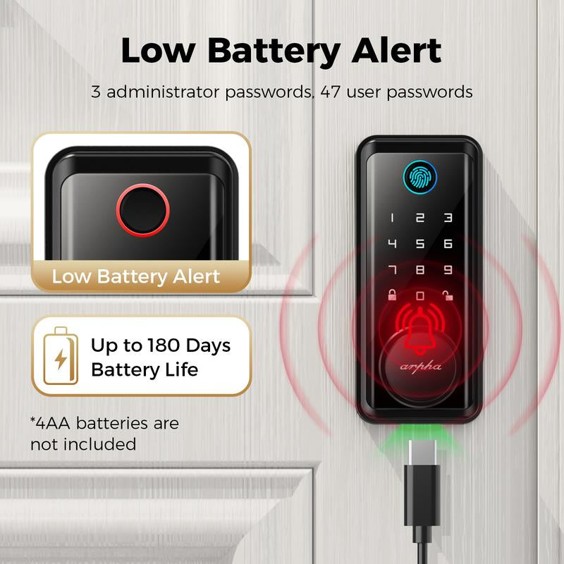 ARPHA D601 Fingerprint Door Lock, Keyless Entry Door Lock Deadbolt, Multiple Entry Methods, APP Control, Auto Lock, IP54 Waterproof, Easy to Install Room Office Home Security