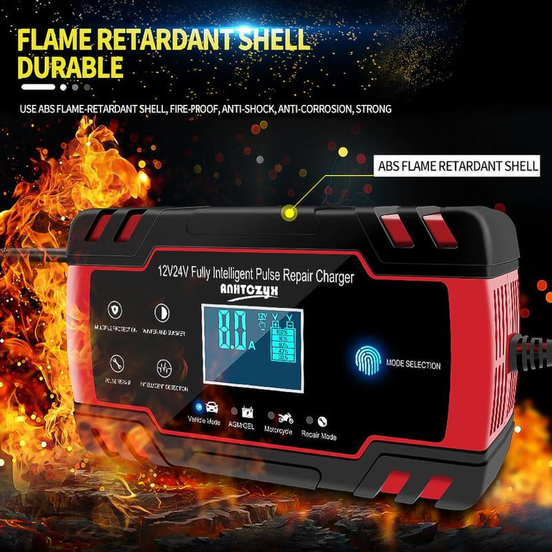 Car Battery Charger,8 Amp 12V and 24V Smart Automatic Car Battery Charger with LCD Screen Pulse Repair Charger Pack Battery Maintainer for Car, Lawn Mower, Motorcycle, Boat, SUV and More