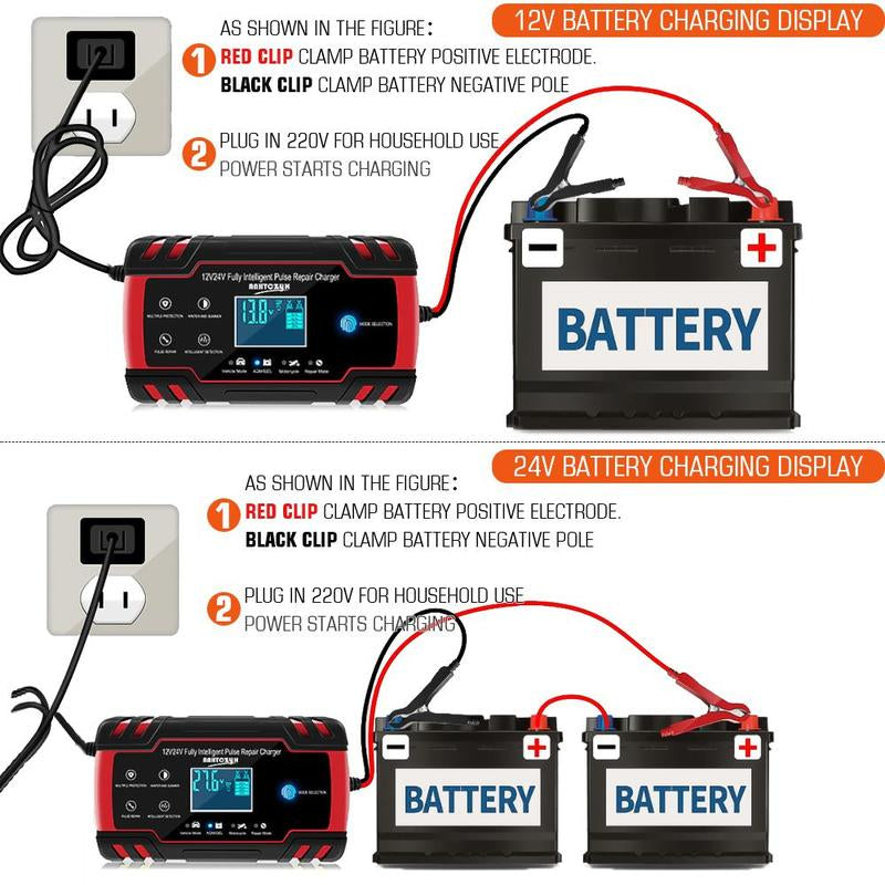 Car Battery Charger,8 Amp 12V and 24V Smart Automatic Car Battery Charger with LCD Screen Pulse Repair Charger Pack Battery Maintainer for Car, Lawn Mower, Motorcycle, Boat, SUV and More