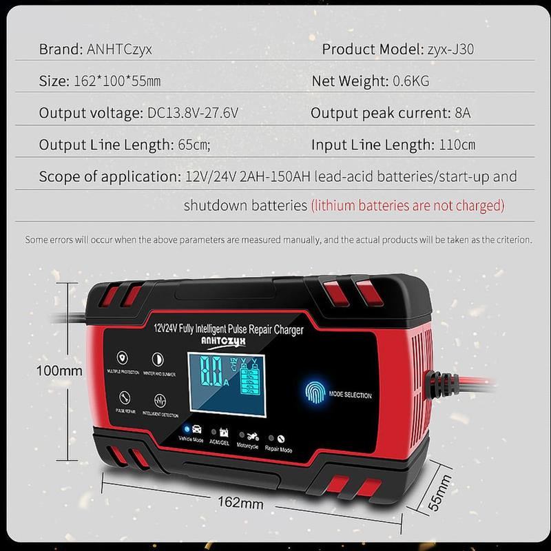 Car Battery Charger,8 Amp 12V and 24V Smart Automatic Car Battery Charger with LCD Screen Pulse Repair Charger Pack Battery Maintainer for Car, Lawn Mower, Motorcycle, Boat, SUV and More