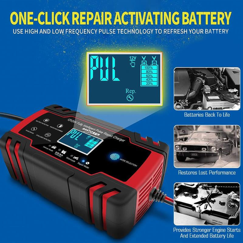 Car Battery Charger,8 Amp 12V and 24V Smart Automatic Car Battery Charger with LCD Screen Pulse Repair Charger Pack Battery Maintainer for Car, Lawn Mower, Motorcycle, Boat, SUV and More