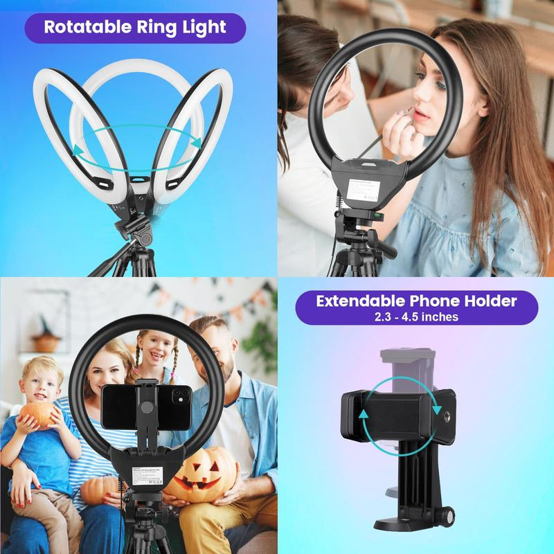 Sensyne 10'' Ring Light with 50'' Extendable Tripod Stand, LED Circle Lights with Phone Holder for Live Stream/Makeup/Youtube Video/Tiktok, Compatible with All Phones