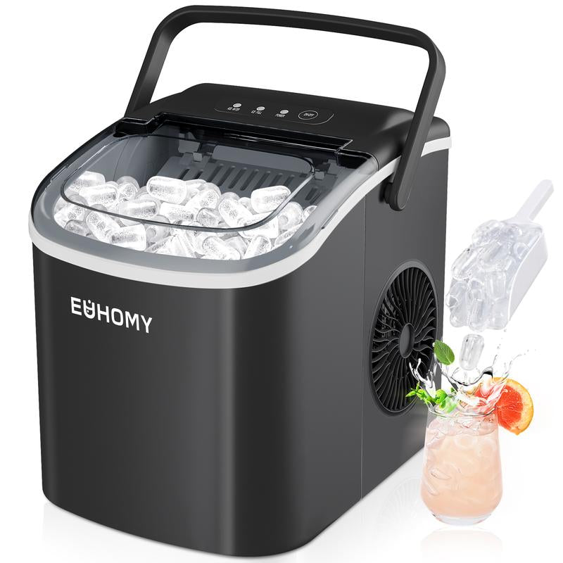 EUHOMY Countertop Ice Maker with Handle, 26Lbs in 24Hrs, 9 Ice Cubes Ready in 6 Mins, Auto-Cleaning Portable Ice Maker with Basket and Scoop, for Home/Kitchen/Camping/Rv. (2024 New Silver)