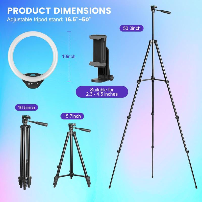 Sensyne 10'' Ring Light with 50'' Extendable Tripod Stand, LED Circle Lights with Phone Holder for Live Stream/Makeup/Youtube Video/Tiktok, Compatible with All Phones