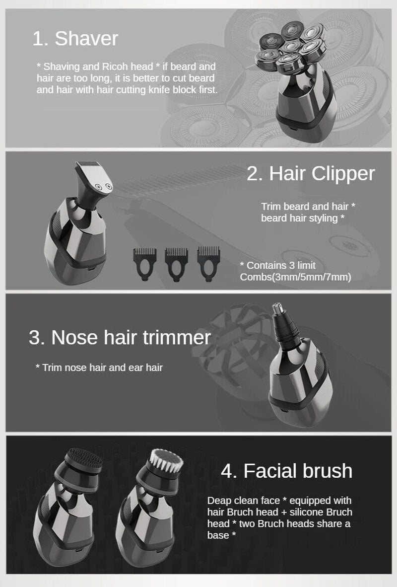 7D Cordless Shaver Hair Trimmer Men’S 5-In-1 Electric Head Shaver Razor Men Wet