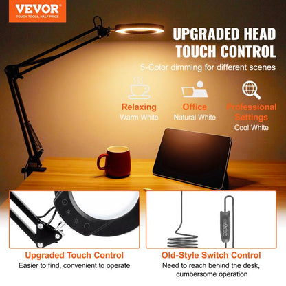 VEVOR Magnifying Glass with Light and Stand, 5X Magnifying Lamp, 4.3" Glass Lens, Base and Clamp 2-In-1 Desk Magnifier with Light, 64 LED Lights 5 Color Modes, for Close Work Reading Repair Crafts