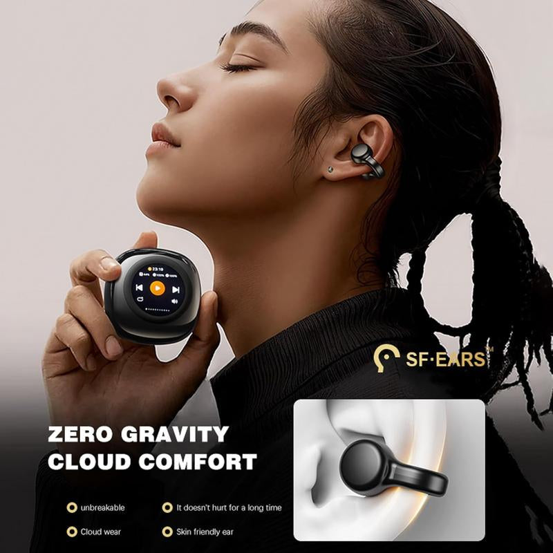 Open Ear Clip Ear Tips Earless Jacket Air Bone Conduction Headphones Wireless Bluetooth OWS Hanging Headphones 5.4 Bluetooth for Outdoor Workouts, Students, Office External Ear Clip-On Headphones Earbuds with Touch Screen Audio Charging Noise Headset