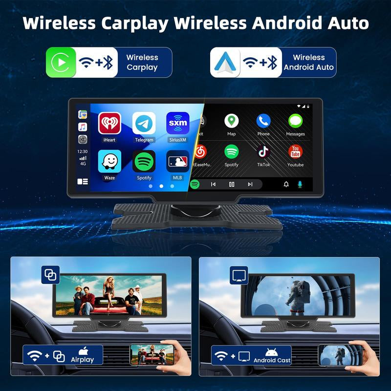 H822D 10.26-Inch Touchscreen Smart Car Control Screen with 4K Dual Camera, Apple Carplay & Android Auto, Wireless Connectivity, and Supports TF Cards