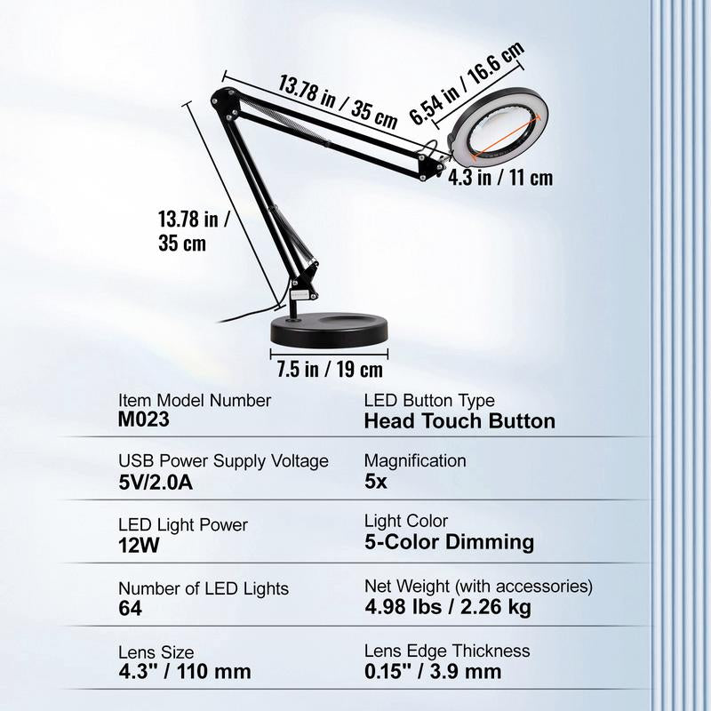 VEVOR Magnifying Glass with Light and Stand, 5X Magnifying Lamp, 4.3" Glass Lens, Base and Clamp 2-In-1 Desk Magnifier with Light, 64 LED Lights 5 Color Modes, for Close Work Reading Repair Crafts