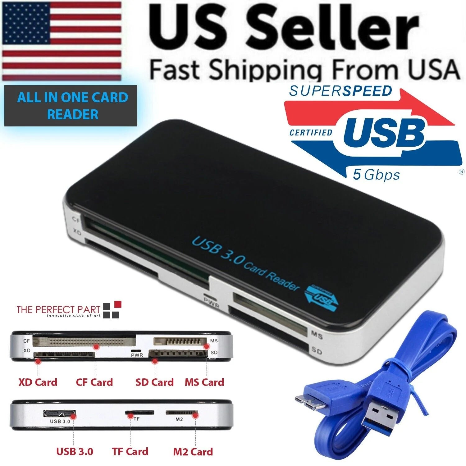 USB 3.0 Memory Card Reader Adapter 5GBPS Fit for Cf/Tf/Sd/Micro SD/XD/M2/MS Card