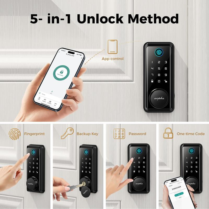 ARPHA D601 Fingerprint Door Lock, Keyless Entry Door Lock Deadbolt, Multiple Entry Methods， APP Control, Auto Lock, IP54 Waterproof, Easy to Install Room Office Home Security