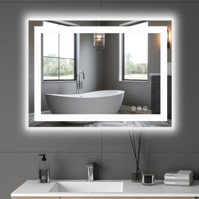 Sweet Furniture Bathroom Vanity Mirror - Anti-Fog, Dimmable Rectangle Mirror with Front & Backlight, Smart Memory Function, Tempered Glass