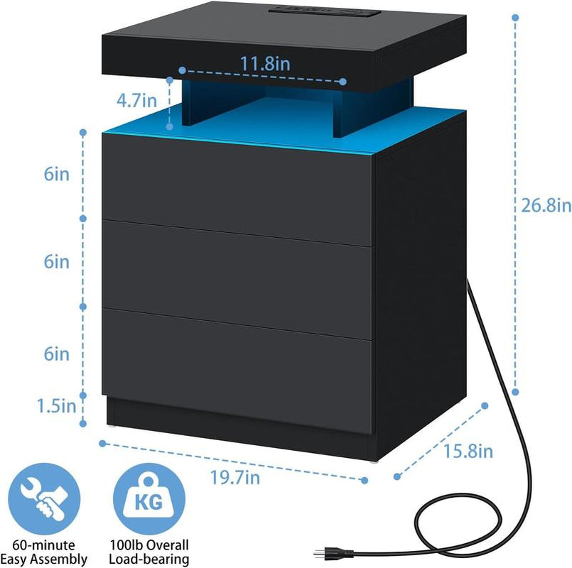 LED Nightstand with Wireless Charging Station 2 Outlets USB Port Type C Black Bedside Table with 3 Drawers Modern Smart LED Nightstand Tall 26.8In High Gloss Night Table with Light for Bedroom