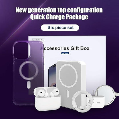 6-Pack Gift Box Includes Bluetooth Earphones, PD Fast Charger with Cable, Magnetic Case, Magnetic Charger, and Wireless Power Bank for Iphone