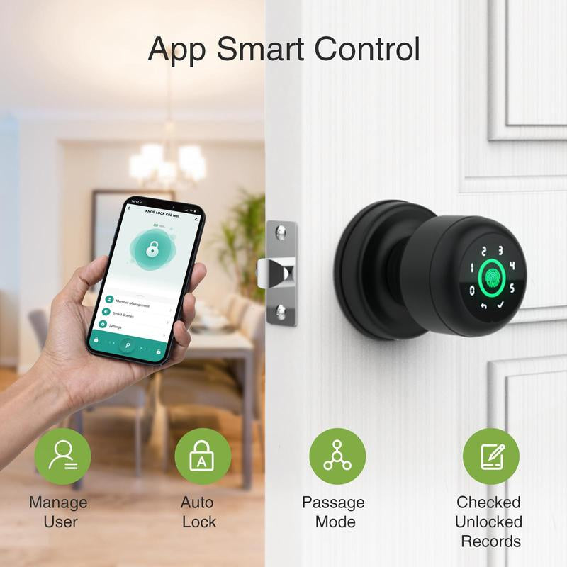 Ghome Smart 4-In-1 Smart Door Knob, 1 Count APP & Key & Password Opening Smart Door Lock, Multifunctional Fingerprint Unlocking Smart Security Lock for Home, Room Door Accessories