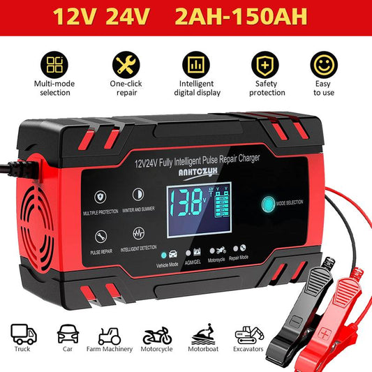 Car Battery Charger,8 Amp 12V and 24V Smart Automatic Car Battery Charger with LCD Screen Pulse Repair Charger Pack Battery Maintainer for Car, Lawn Mower, Motorcycle, Boat, SUV and More