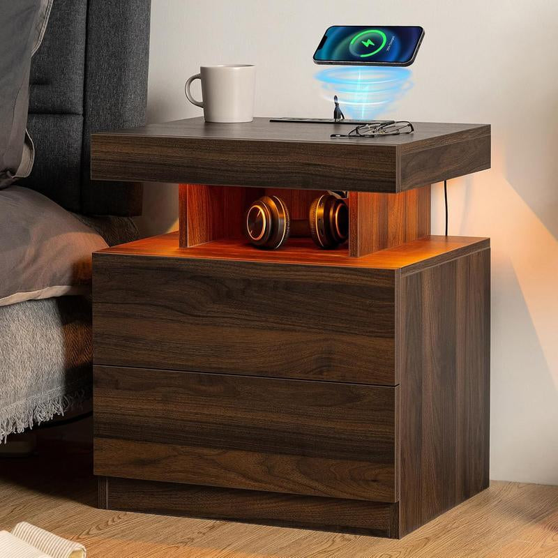 LED Nightstand with Wireless Charging Station 2 Outlets USB Port Type C Black Bedside Table with 3 Drawers Modern Smart LED Nightstand Tall 26.8In High Gloss Night Table with Light for Bedroom