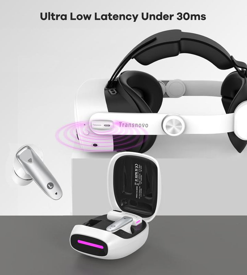 VR Wireless Gaming Earbuds 30Ms Low Latency, 2.4Ghz Wireless & Bluetooth Dual Connection, USB-C Dongle Included Compatible with Meta Quest 3S, Quest3, Quest 2, Quest Pro,Ps5,Ps4,Steam Deck, Pc,Switch