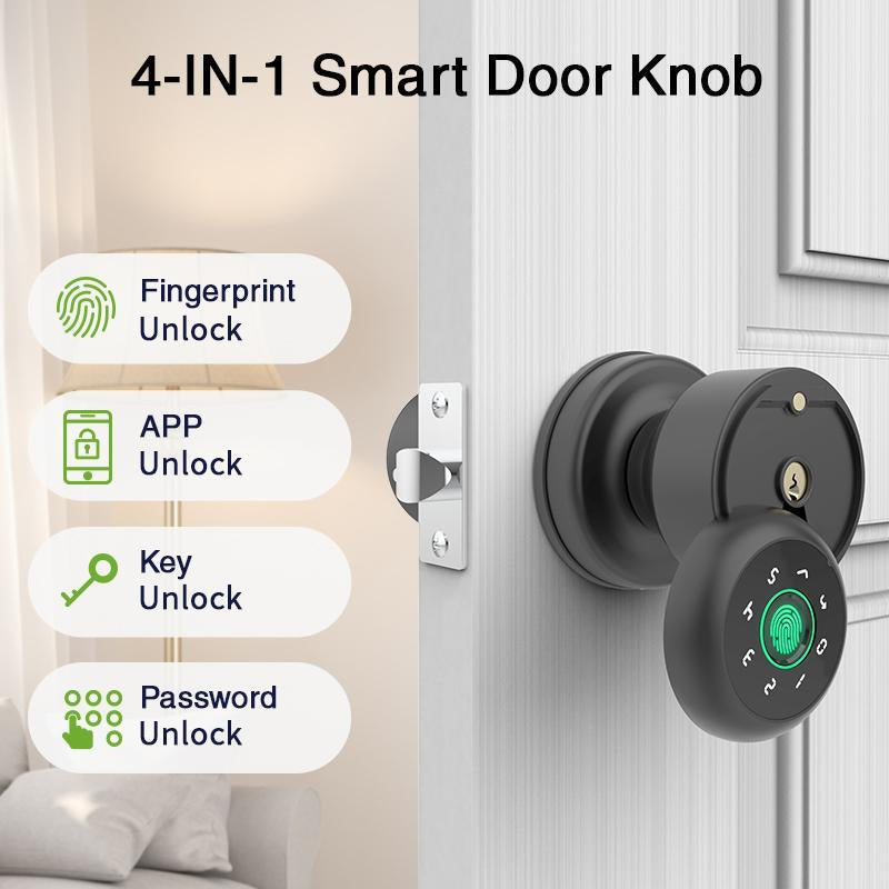 Ghome Smart 4-In-1 Smart Door Knob, 1 Count APP & Key & Password Opening Smart Door Lock, Multifunctional Fingerprint Unlocking Smart Security Lock for Home, Room Door Accessories