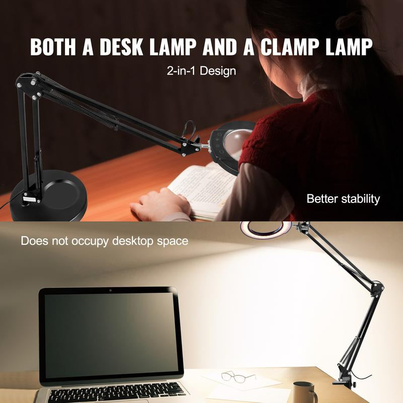 VEVOR Magnifying Glass with Light and Stand, 5X Magnifying Lamp, 4.3" Glass Lens, Base and Clamp 2-In-1 Desk Magnifier with Light, 64 LED Lights 5 Color Modes, for Close Work Reading Repair Crafts