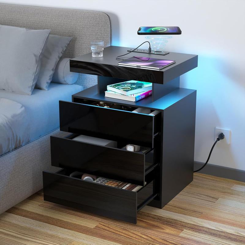 LED Nightstand with Wireless Charging Station 2 Outlets USB Port Type C Black Bedside Table with 3 Drawers Modern Smart LED Nightstand Tall 26.8In High Gloss Night Table with Light for Bedroom