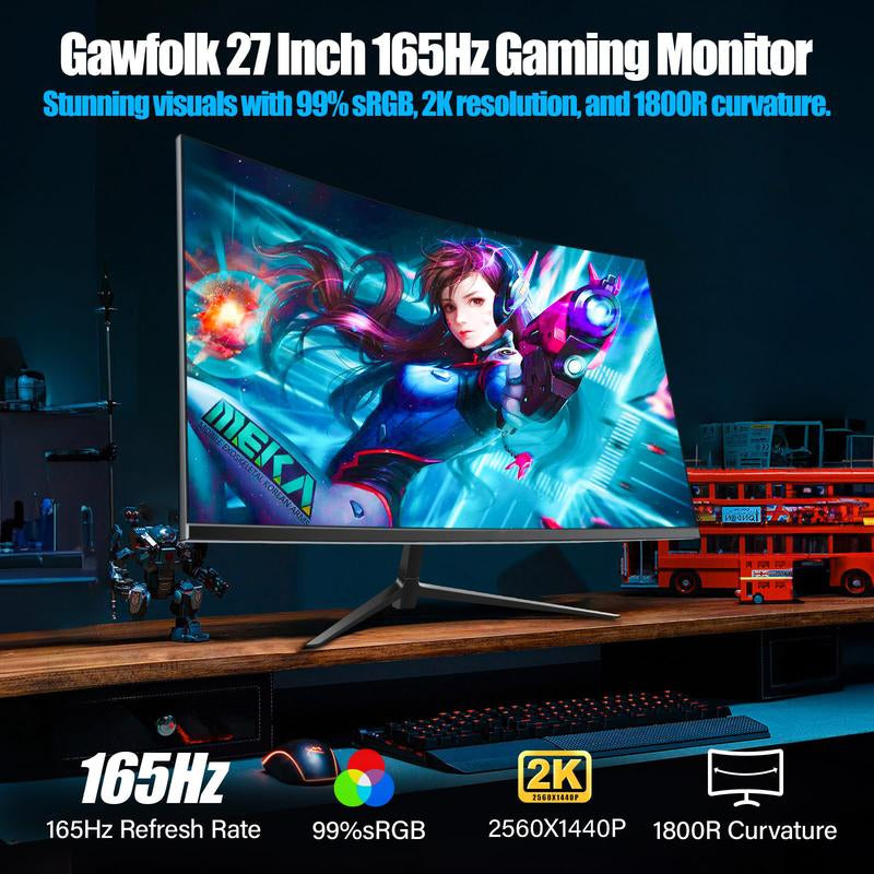 27 Inch QHD 165Hz 1MS Curved 1800R Gaming Computer Monitor,Ips,Anti-Blue Light,110% Srgb, Speaker,For Gaming and Working