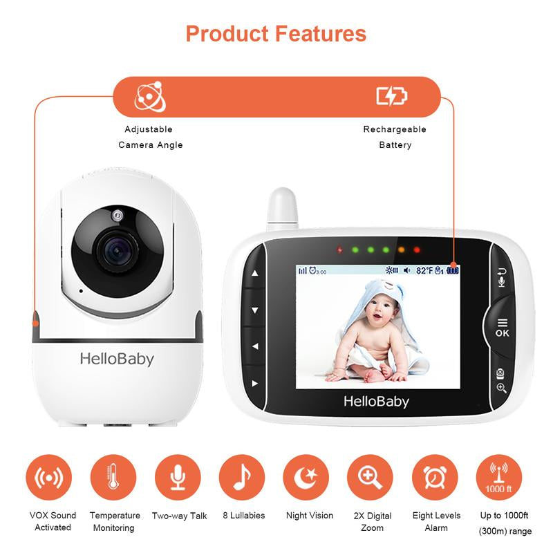 Hellobaby 3.2'' Video Baby Monitor, Remote Pan-Tilt-Zoom Camera, Night Vision, 2-Way Audio, Lullabies & Temp Sensor for Baby Safety