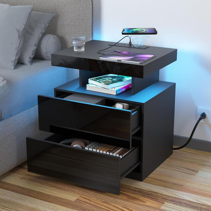 LED Nightstand with Wireless Charging Station 2 Outlets USB Port Type C Black Bedside Table with 3 Drawers Modern Smart LED Nightstand Tall 26.8In High Gloss Night Table with Light for Bedroom