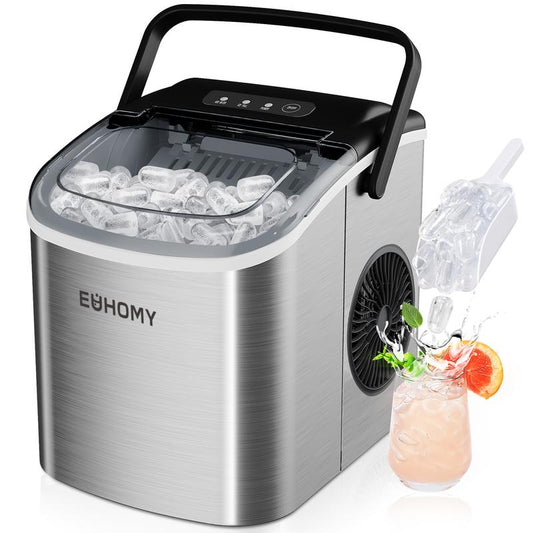 EUHOMY Countertop Ice Maker with Handle, 26Lbs in 24Hrs, 9 Ice Cubes Ready in 6 Mins, Auto-Cleaning Portable Ice Maker with Basket and Scoop, for Home/Kitchen/Camping/Rv. (2024 New Silver)