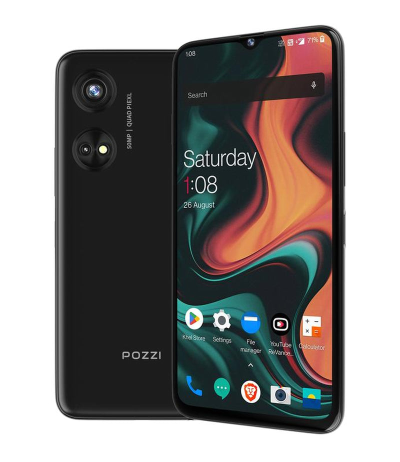 POZZI Turbo 6.79” HD+ Display, 128GB + 6GB RAM, 4G LTE Unlocked Smartphone, Android 14, Octa Core Processor, 50MP AI Camera, 5,000 Mah Battery, Dual Nano SIM, Black