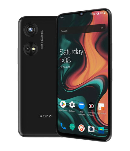 POZZI Turbo 6.79” HD+ Display, 128GB + 6GB RAM, 4G LTE Unlocked Smartphone, Android 14, Octa Core Processor, 50MP AI Camera, 5,000 Mah Battery, Dual Nano SIM, Black