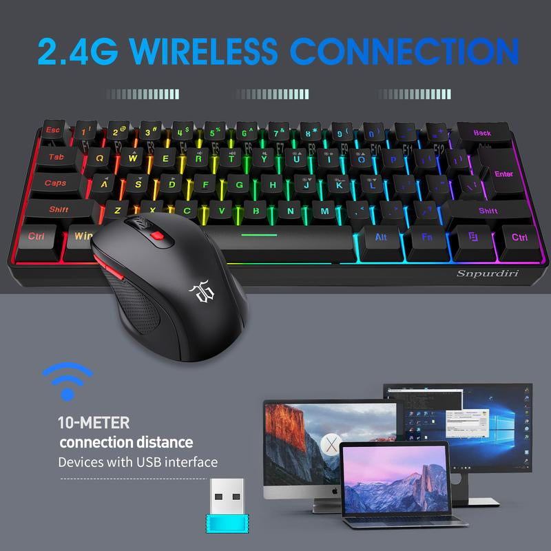 Snpurdiri 60% Wireless Gaming Keyboard and Mouse Combo, Include 2.4G Small Mini Merchanical Feel Keyboard, Ergonomic Design Vertical