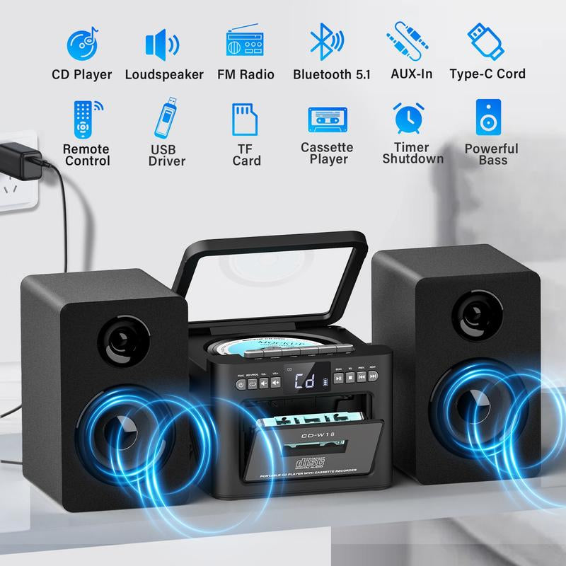 Greadio 9-In-1 Rechargeable CD Boombox with Cassette, Bluetooth, FM Radio, USB/TF/AUX, 5000Mah Battery, Remote Control, for Home & Outdoor Use Audio