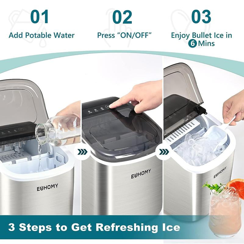 EUHOMY Countertop Ice Maker with Handle, 26Lbs in 24Hrs, 9 Ice Cubes Ready in 6 Mins, Auto-Cleaning Portable Ice Maker with Basket and Scoop, for Home/Kitchen/Camping/Rv. (2024 New Silver)