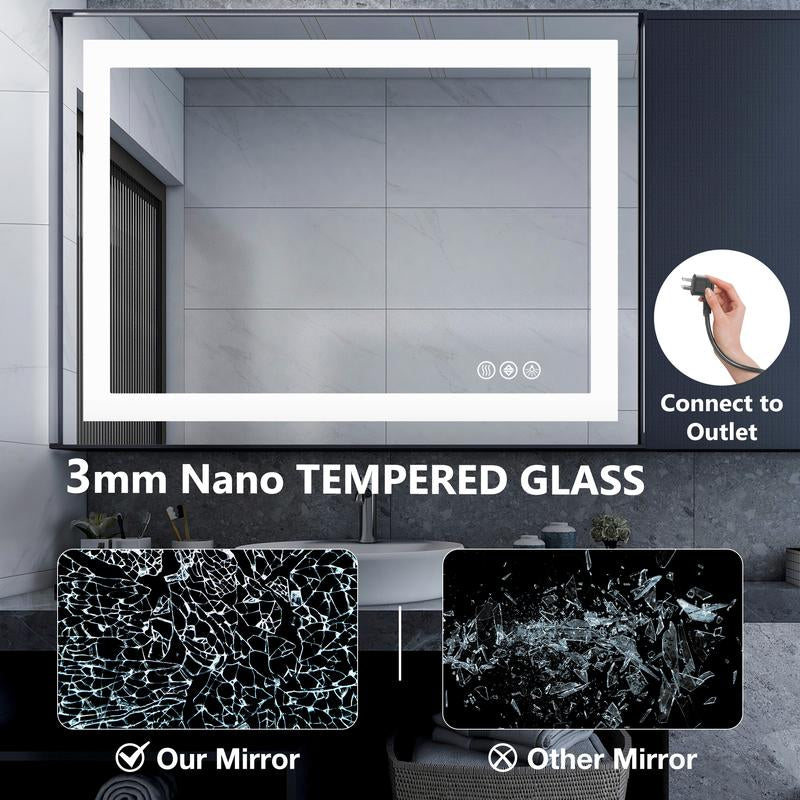 Sweet Furniture Bathroom Vanity Mirror - Anti-Fog, Dimmable Rectangle Mirror with Front & Backlight, Smart Memory Function, Tempered Glass