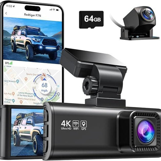 REDTIGER F7N 4K Dual Dash Cam with 64GB Card, Built-In Wifi GPS Front 4K/2.5K and Rear 1080P Dual Dash Camera for Cars,3.18 Inch Screen,170° Wide Angle, Parking Monitor, Support 256GB Max