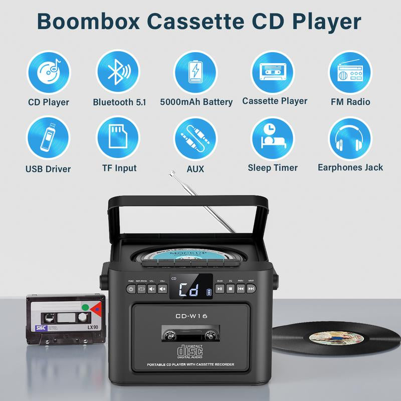 Greadio 9-In-1 Rechargeable CD Boombox with Cassette, Bluetooth, FM Radio, USB/TF/AUX, 5000Mah Battery, Remote Control, for Home & Outdoor Use Audio