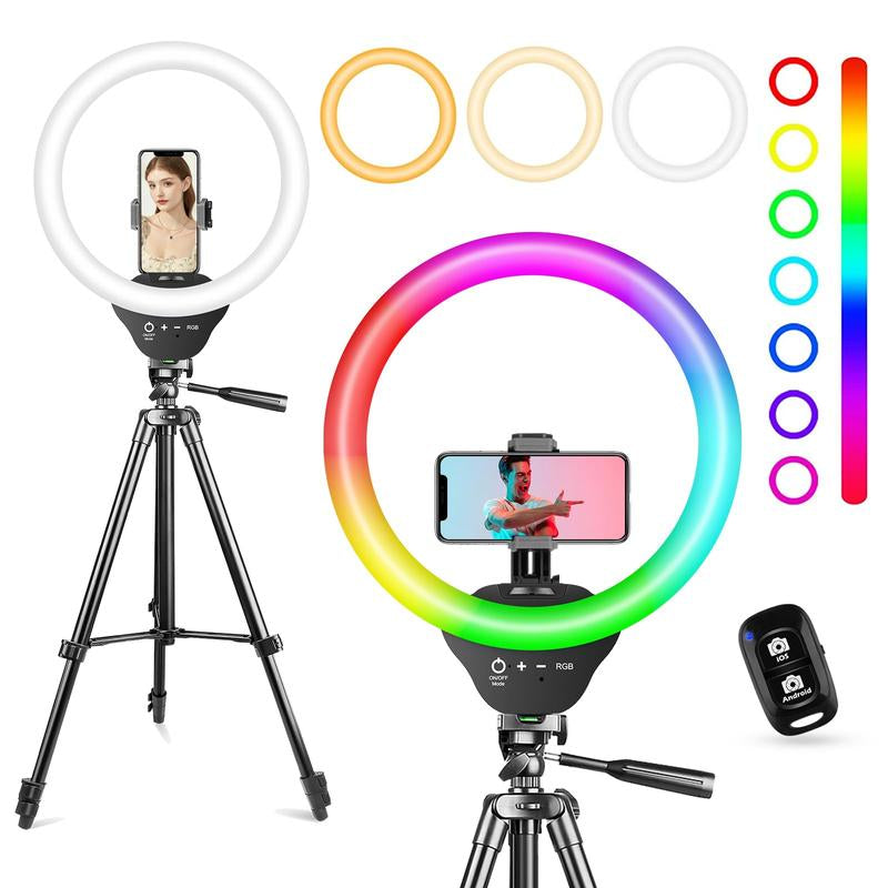 Sensyne 10'' Ring Light with 50'' Extendable Tripod Stand, LED Circle Lights with Phone Holder for Live Stream/Makeup/Youtube Video/Tiktok, Compatible with All Phones