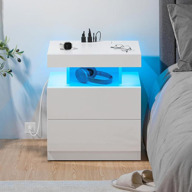 LED Nightstand with Wireless Charging Station 2 Outlets USB Port Type C Black Bedside Table with 3 Drawers Modern Smart LED Nightstand Tall 26.8In High Gloss Night Table with Light for Bedroom