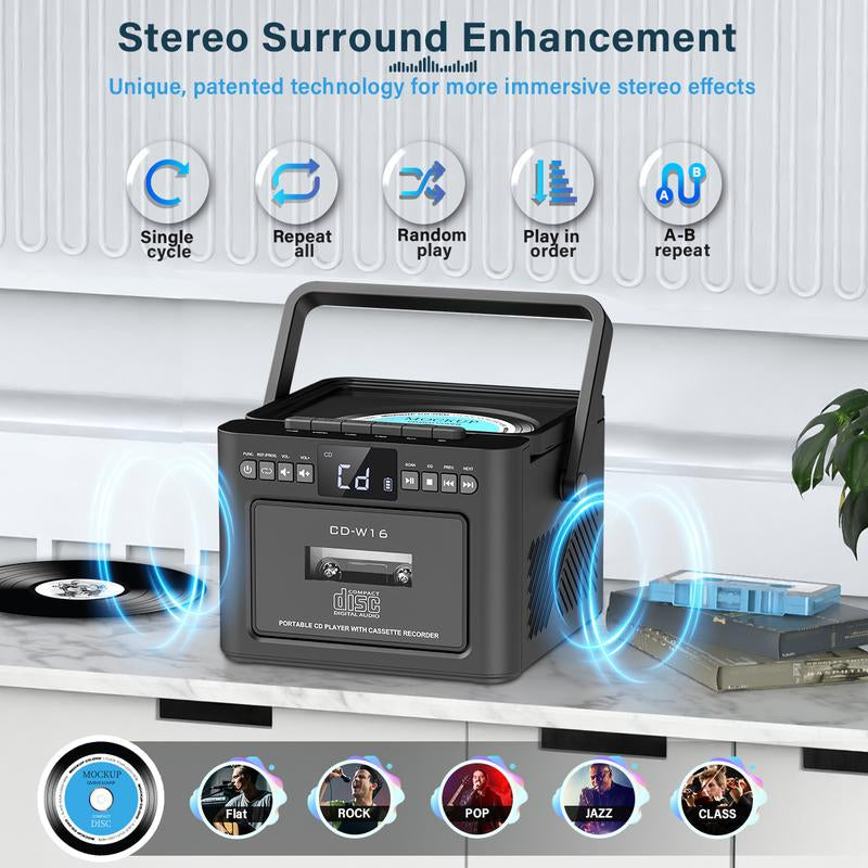 Greadio 9-In-1 Rechargeable CD Boombox with Cassette, Bluetooth, FM Radio, USB/TF/AUX, 5000Mah Battery, Remote Control, for Home & Outdoor Use Audio