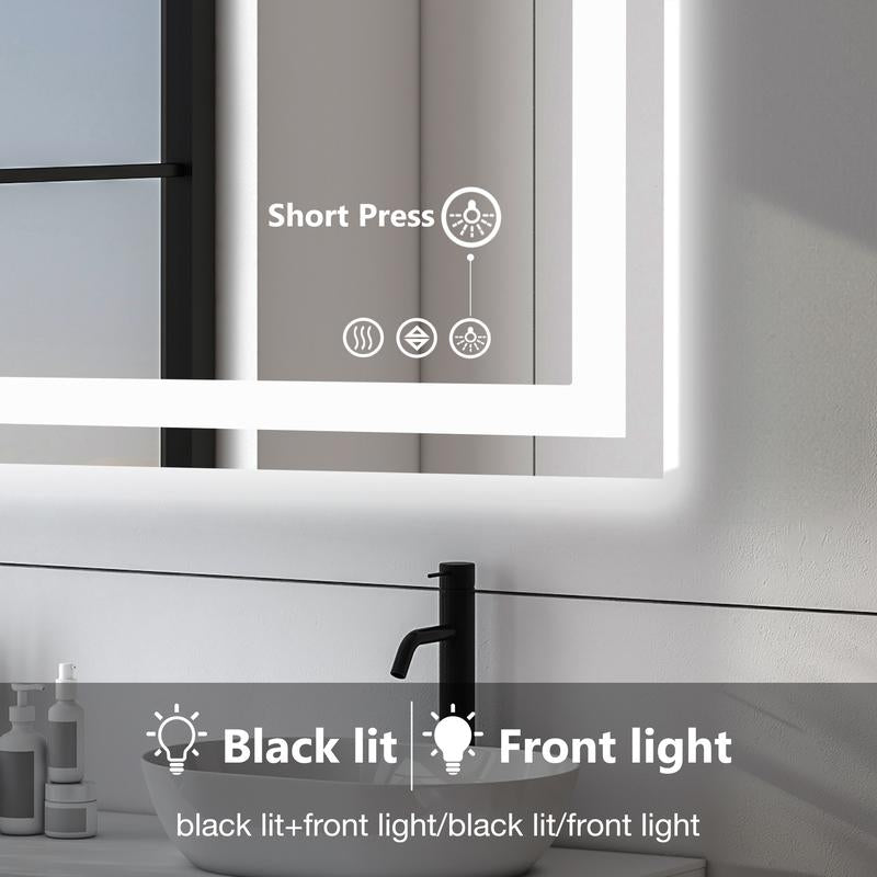 Sweet Furniture Bathroom Vanity Mirror - Anti-Fog, Dimmable Rectangle Mirror with Front & Backlight, Smart Memory Function, Tempered Glass