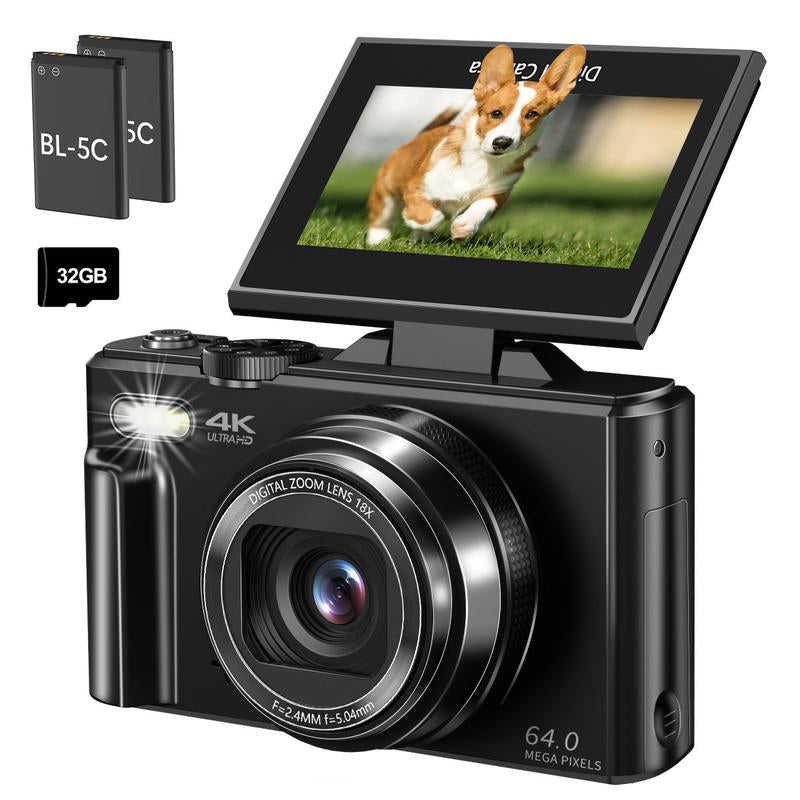 4K Digital Camera for Photography, Auto-Focus 64MP Vlogging Camera for Beginner with 3 Inch 180° Flip Screen, 18X Digital Zoom Point and Shoot Camera with 32GB Micro SD Card & 2 Batteries, Perfect Gifts for Halloween and Thanksgiving