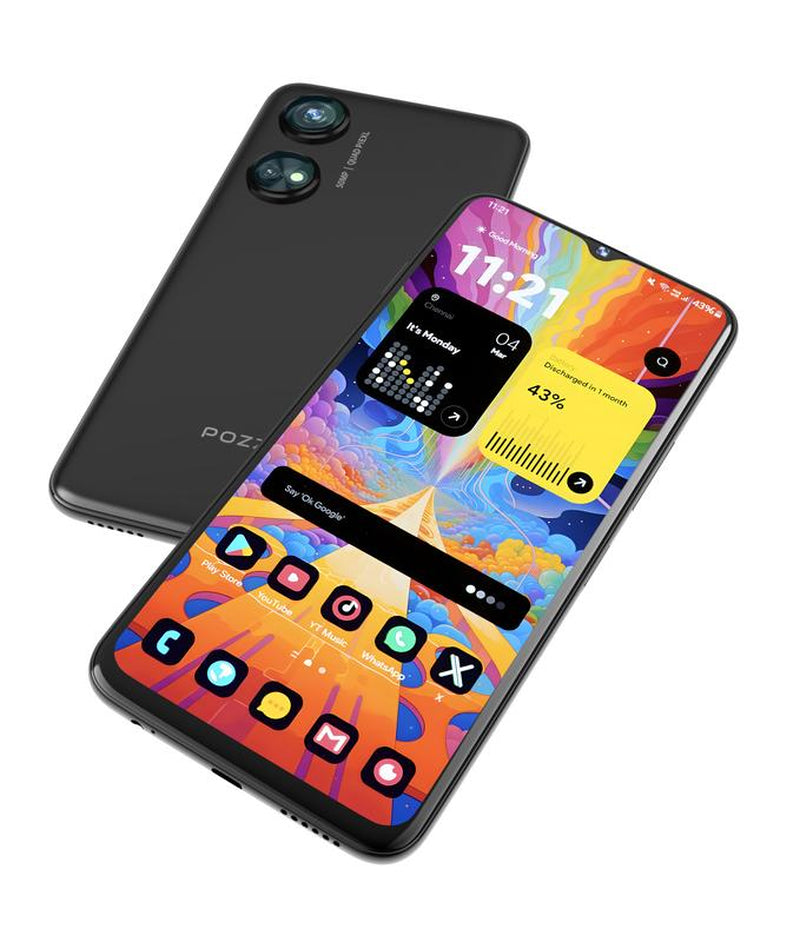 POZZI Turbo 6.79” HD+ Display, 128GB + 6GB RAM, 4G LTE Unlocked Smartphone, Android 14, Octa Core Processor, 50MP AI Camera, 5,000 Mah Battery, Dual Nano SIM, Black