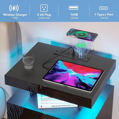 LED Nightstand with Wireless Charging Station 2 Outlets USB Port Type C Black Bedside Table with 3 Drawers Modern Smart LED Nightstand Tall 26.8In High Gloss Night Table with Light for Bedroom