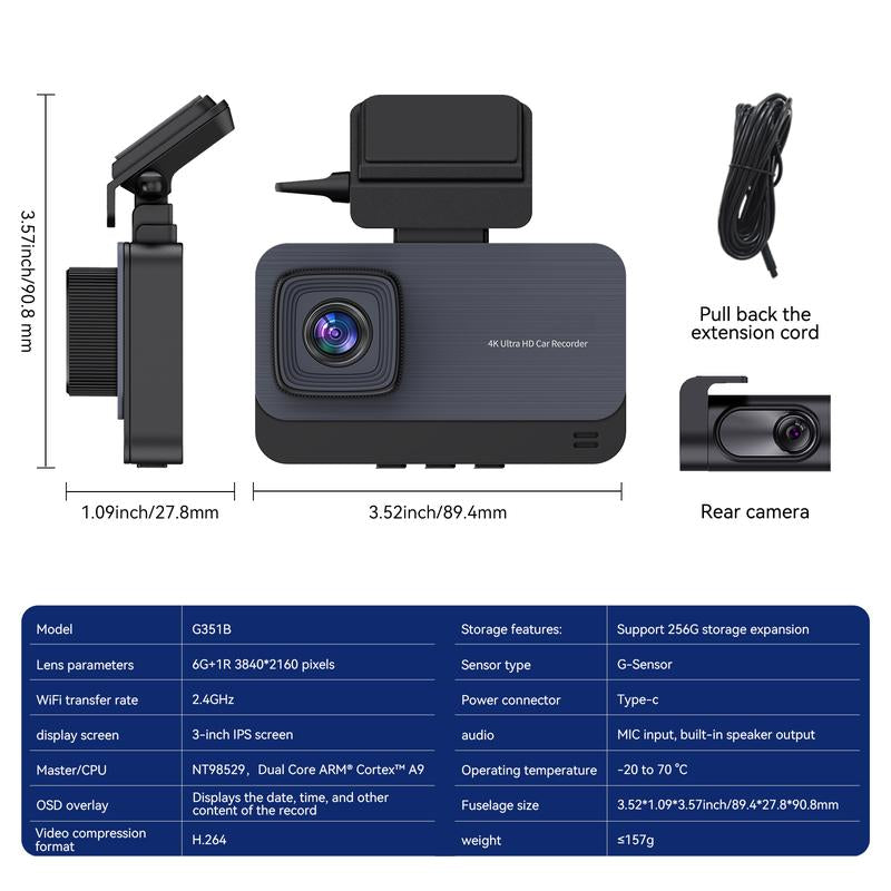 SKDW G351B 4K DUAL Dash Cam Front and Rear, Car Accessories, 3’IPS Display Car Camera, Wifi, Loop Recording Dash Camera