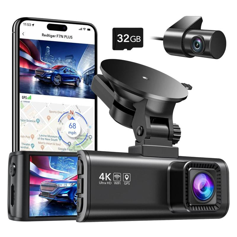 REDTIGER F7N 4K Dual Dash Cam with 64GB Card, Built-In Wifi GPS Front 4K/2.5K and Rear 1080P Dual Dash Camera for Cars,3.18 Inch Screen,170° Wide Angle, Parking Monitor, Support 256GB Max