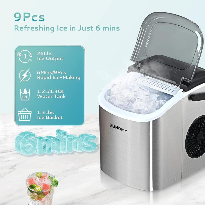 EUHOMY Countertop Ice Maker with Handle, 26Lbs in 24Hrs, 9 Ice Cubes Ready in 6 Mins, Auto-Cleaning Portable Ice Maker with Basket and Scoop, for Home/Kitchen/Camping/Rv. (2024 New Silver)