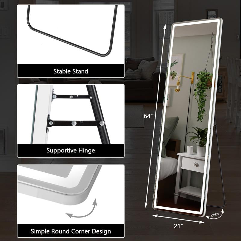 RIMIKING Full-Length LED Mirror,Adjustable Lighting,Smart Touch Control,Sturdy Stand and Supportive Hinge,Burst-Proof Glass,Hd Reflection