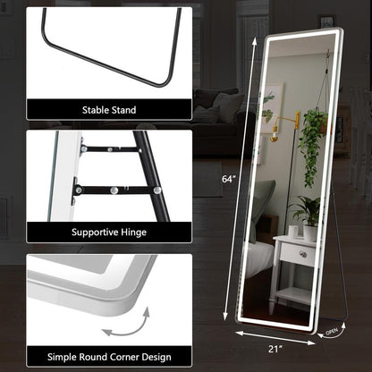 RIMIKING Full-Length LED Mirror,Adjustable Lighting,Smart Touch Control,Sturdy Stand and Supportive Hinge,Burst-Proof Glass,Hd Reflection